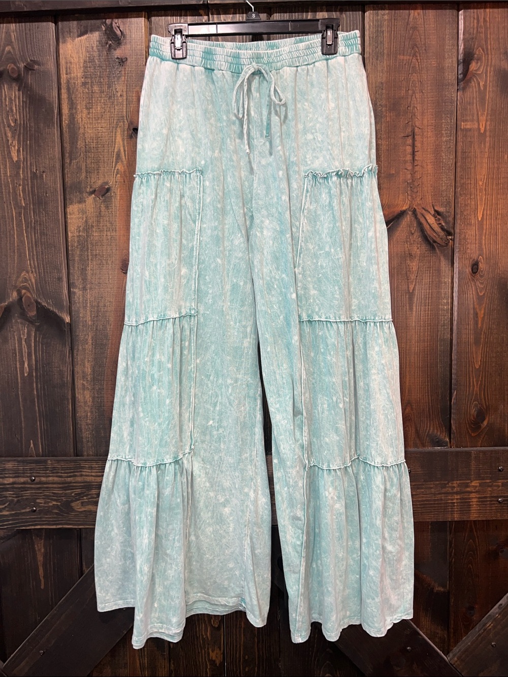 J HER Green Tiered Wide Leg Pants L Acid Wash Palazzo Drawstring Flowy Boho Chic